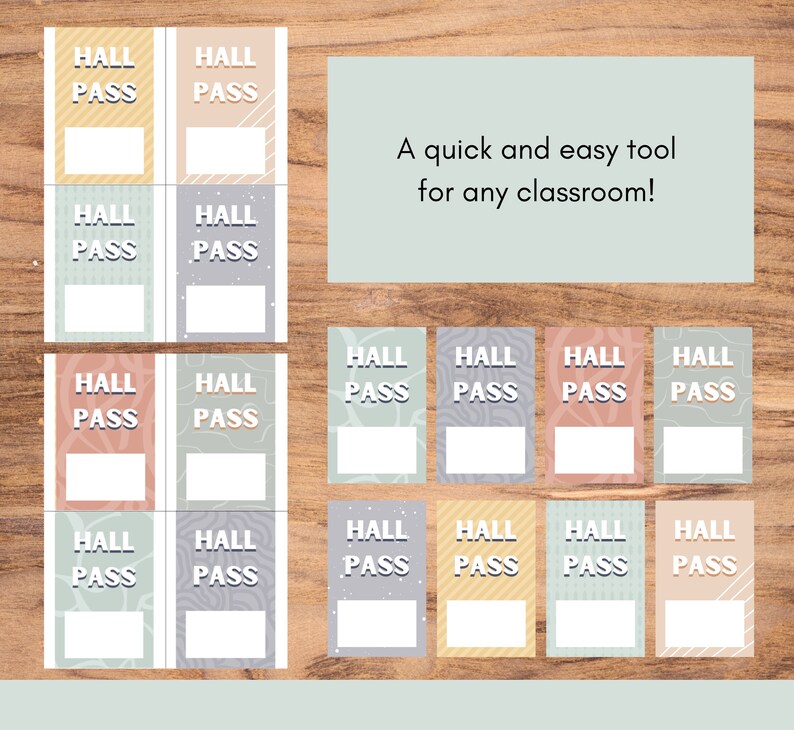 May include: A set of 12 printable hall passes with different patterns and colors. The passes have the text "Hall Pass" printed on them. A quick and easy tool for any classroom!