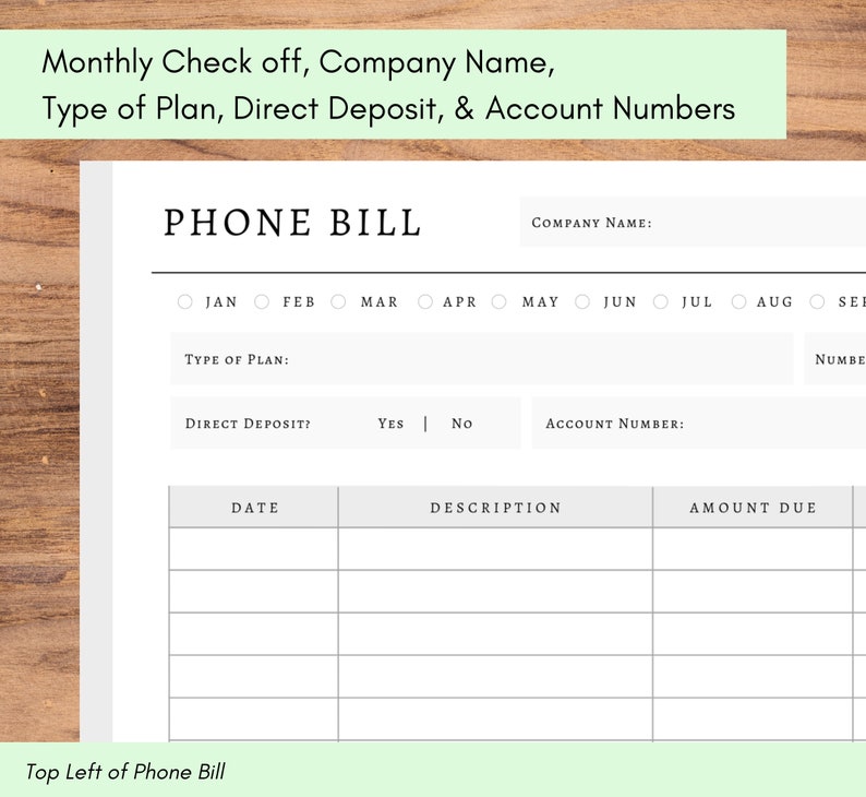 Phone Bill Tracker Printable, Cell Phone Bill, Monthly Bill Payment