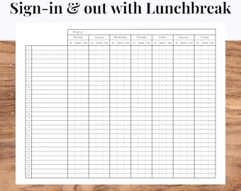 Foglio di registrazione e registrazione con pausa pranzo, modello di registrazione, foglio di registrazione giornaliero, asilo nido, studio, impiego, presenze settimanali