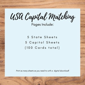 United States Capital Matching Game Educational Lesson Activities Homeschool learning tools Printable Card Game American History PDF image 2