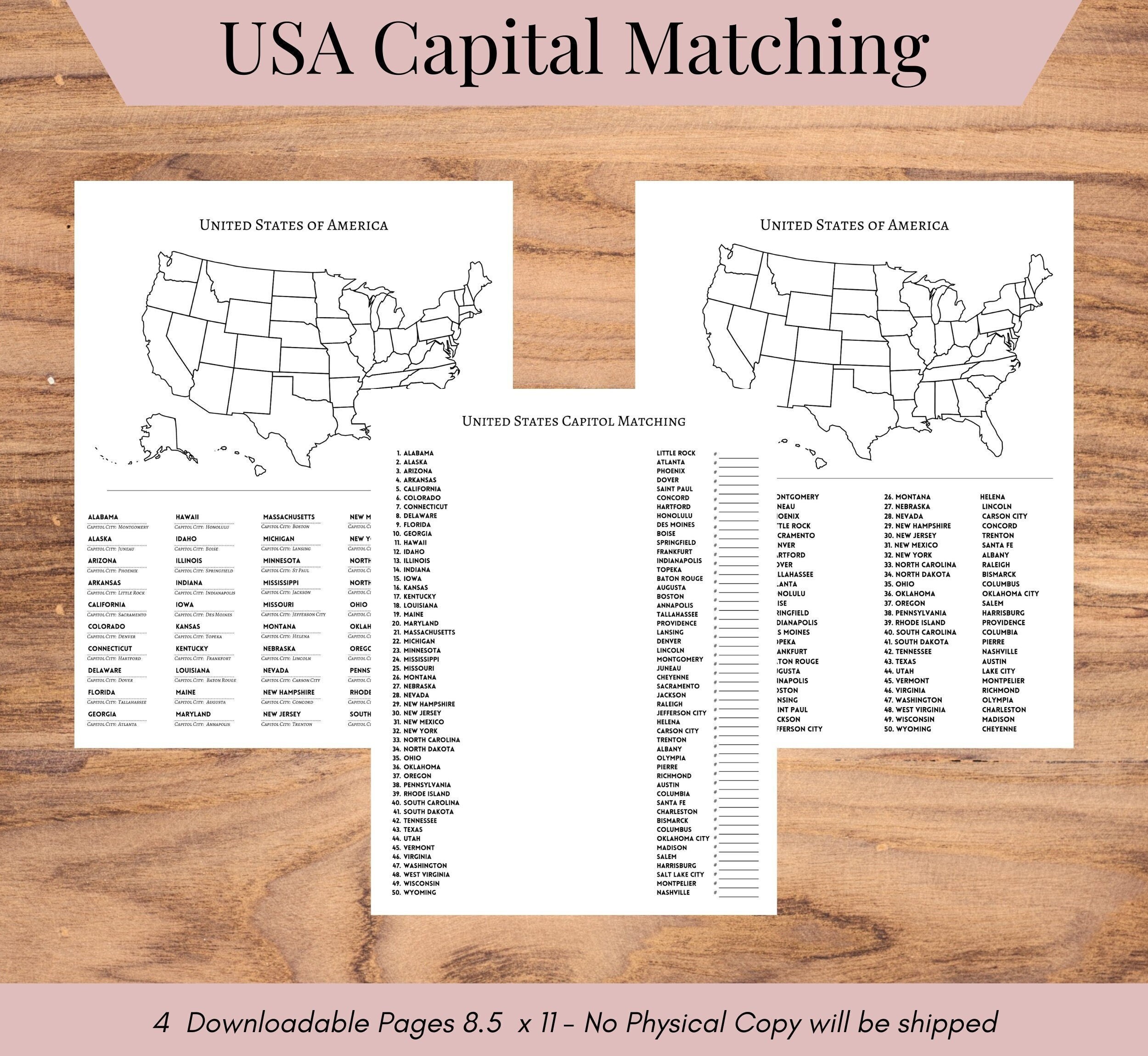 USA Capital Lesson Plan Activities, Educational Matching Game, State ...