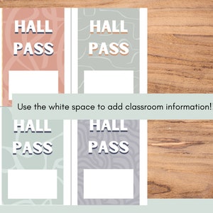 May include: Four printable hall passes with a modern abstract design. The passes are in shades of pink, green, and gray with white space for writing classroom information. The text "Hall Pass" is printed in bold, white letters.