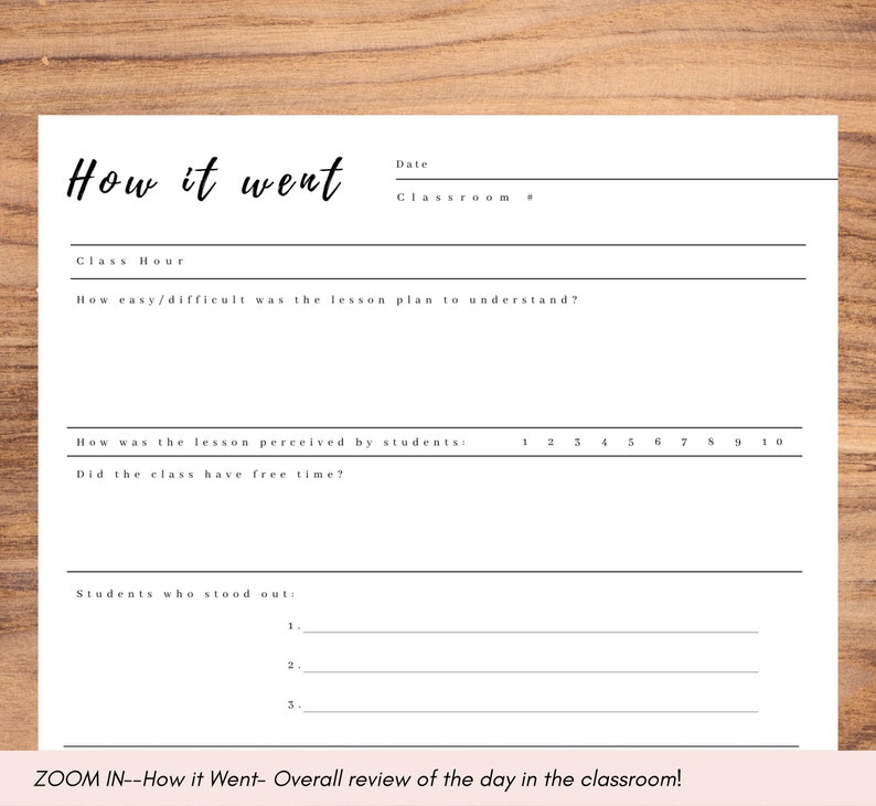 May include: A black and white printable worksheet titled "How it went" with sections for "Class Hour", "Date", "Classroom", "How easy/difficult was the lesson plan to understand?", "How was the lesson perceived by students?", "Did the class have free time?", and "Students who stood out".