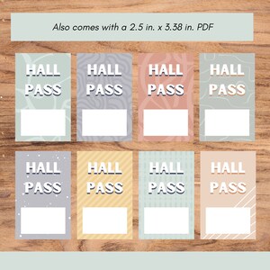May include: Eight printable hall pass cards with different patterns. Each card has the text "HALL PASS" in a blue and white font. The cards are 2.5 inches by 3.38 inches.
