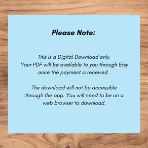 Puede incluir: Una nota azul claro con el texto "Por favor, tenga en cuenta:" e informaci&oacute;n sobre descargas digitales. La nota indica que el PDF estar&aacute; disponible a trav&eacute;s de Etsy una vez que se reciba el pago. Tambi&eacute;n indica que la descarga no ser&aacute; accesible a trav&eacute;s de la aplicaci&oacute;n y que se necesita un navegador web para descargar.