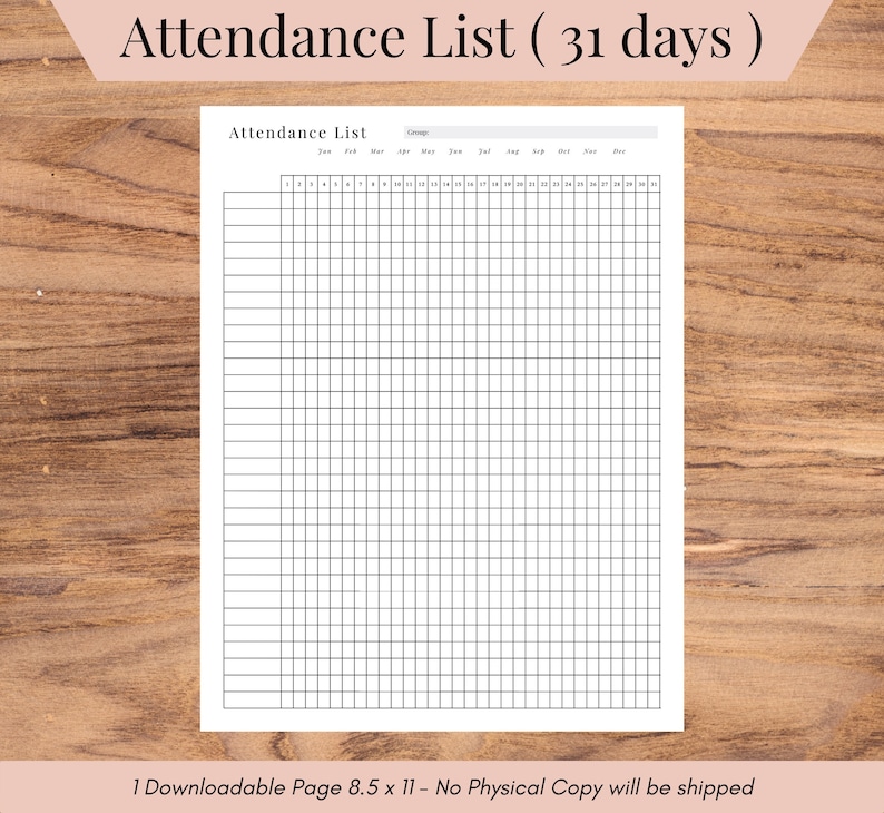 Pu&ograve; includere: Un modello di lista di presenza stampabile con una griglia per 31 giorni. La griglia &egrave; etichettata con i mesi dell'anno, da gennaio a dicembre. Il testo "Attendance List (31 days)" &egrave; in cima alla pagina.