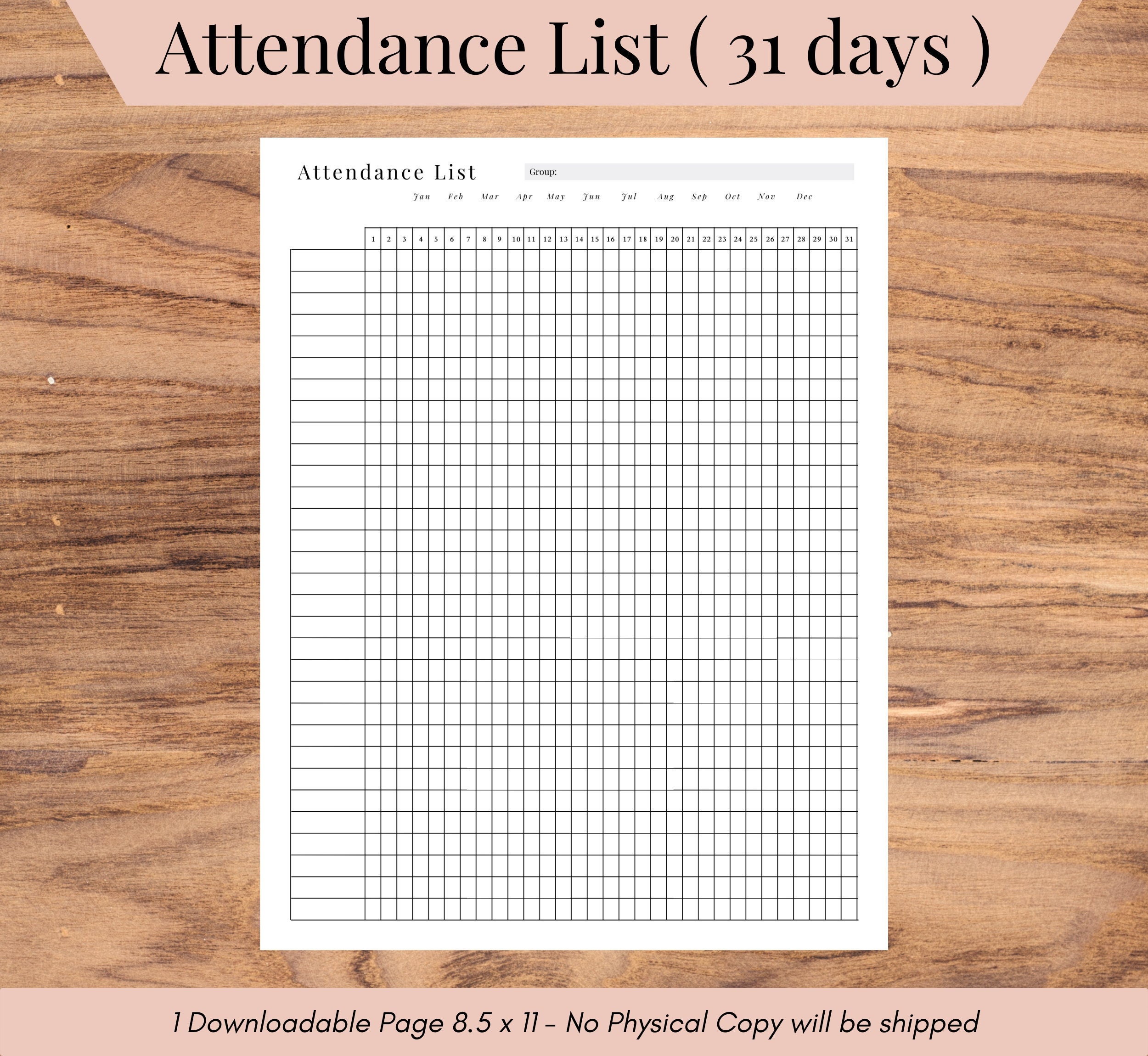 Attendance List 31 Days, Printable Attendance Tracker, Monthly ...