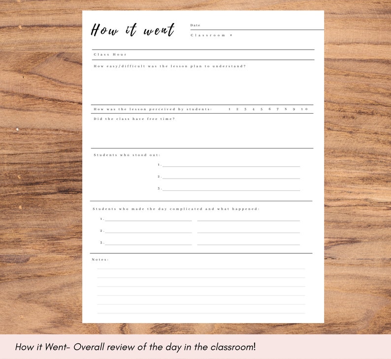 May include: A printable classroom lesson plan template with the title "How it went" and sections for date, classroom, class hour, how easy/difficult the lesson plan was to understand, how the lesson was perceived by students, did the class have free time, students who stood out, students who made the day complicated and what happened, and notes.