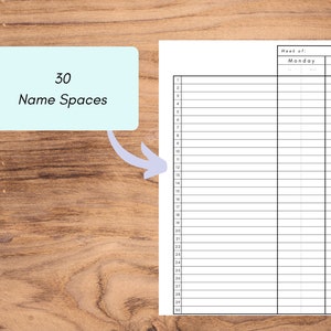May include: A white planner page with a grid for daily entries. The page has 30 name spaces and a section for the week's schedule. The text "30 Name Spaces" is in a light blue box with a curved arrow pointing to the planner.