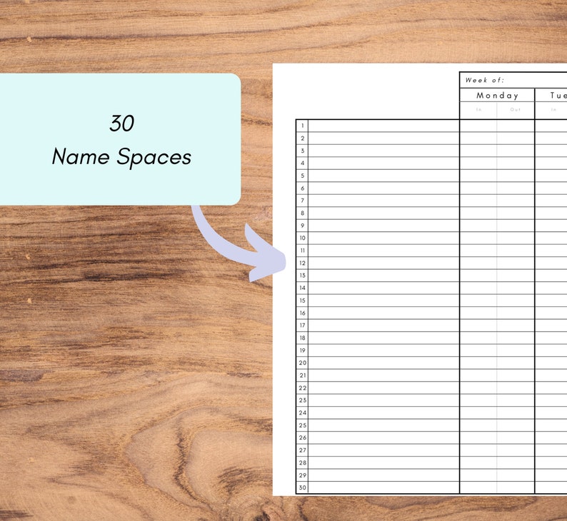 May include: A white planner page with a grid for daily entries. The page has 30 name spaces and a section for the week's schedule. The text "30 Name Spaces" is in a light blue box with a curved arrow pointing to the planner.