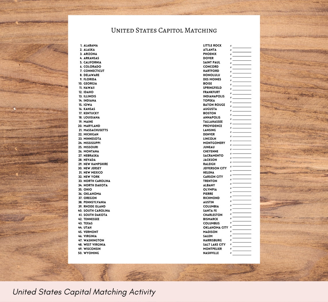 USA Capital Lesson Plan Activities, Educational Matching Game, State ...