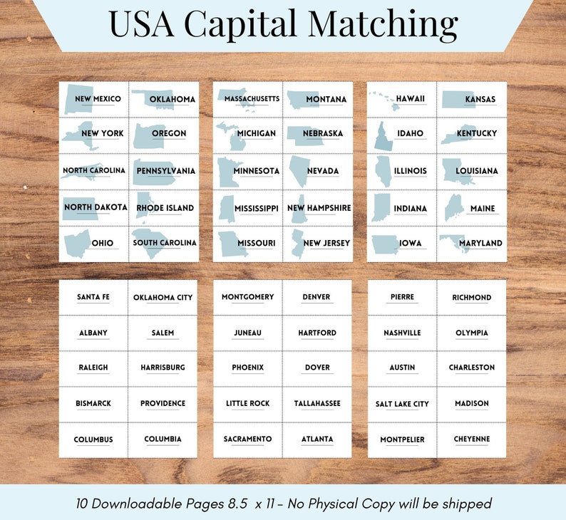 United States Capital Matching Game Educational Lesson Activities Homeschool learning tools Printable Card Game American History PDF image 1