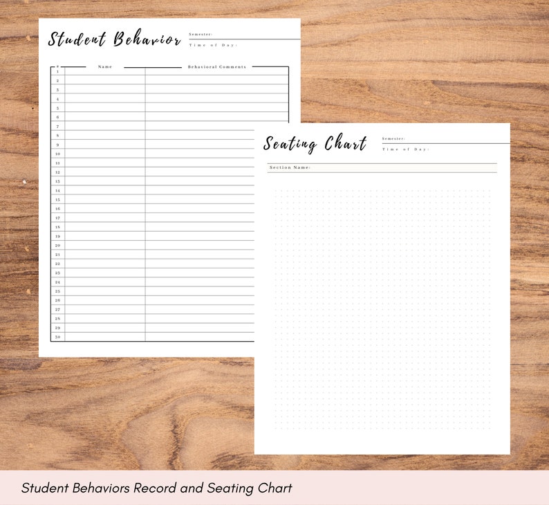 May include: A printable student behavior record and seating chart. The behavior record has space for 25 student names and behavioral comments. The seating chart is a blank grid with dotted lines.