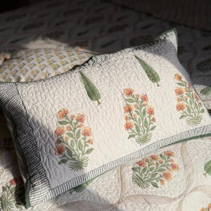 Hand Block Print Cotton Bedsheet Set, Pink Floral Palm Motif, Indian Bedding (King)