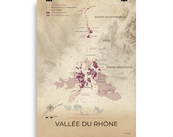 Wine map and vineyards of the Rhone Valley poster 50x70 Vintage