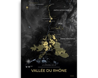 Cartaz do vinho e mapa da vinha de Rhône Valley 50x70 Night