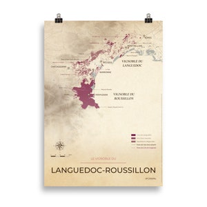 Carte des vins et vignobles du Languedoc-Roussillon  poster 50x70 Vintage