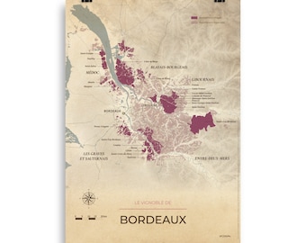 Bordeaux wine and vineyards map poster 50x70 Vintage