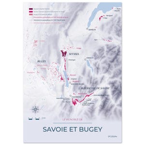 Puede incluir: Un mapa detallado titulado LE VIGNOBLE DE SAVOIE ET BUGEY que muestra regiones vinícolas en tonos rosa y morado sobre un fondo topográfico gris claro. Incluye una rosa de los vientos, una escala de 12 km y etiquetas de ciudades como Ginebra.