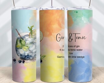 20 Oz Skinny Tumbler Wrap, Sublimation Design, Digital, Gin and Tonic Cocktail Recipe Tumbler Wrap, 300 DPI PNG File, Straight & Tapered PNG