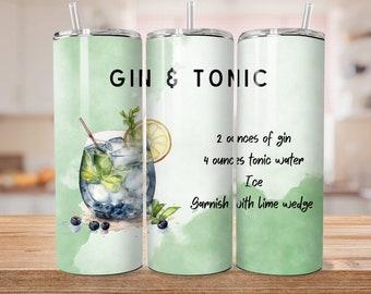 20 Oz Skinny Tumbler Wrap, Sublimation Design, Digital, Gin & Tonic Cocktail Recipe Tumbler Wrap, 300 DPI PNG File