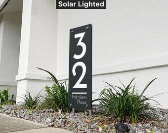 Solar Lighted House Numbers, Modern Address Sign, Yard Address Post, Driveway Marker