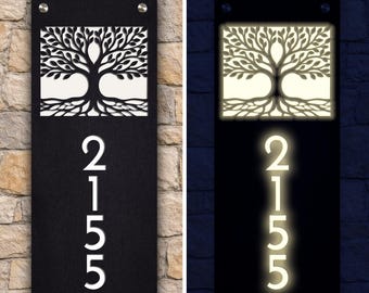 Vertical Solar Address Sign with Tree of Life, Wall Mounted Metal House Numbers Made in USA