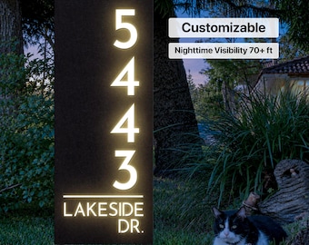 Custom Solar Lighted Address Sign for Yard, House Numbers Post, Airbnb Driveway Marker