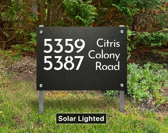 Customized Modern Yard Address Sign, Solar Lighted LED House Numbers, Outdoor Vertical Driveway Marker Plaque, Shared Driveway Multi Family
