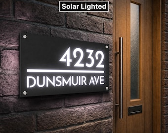 Solar Lighted House Numbers, Personalized LED Modern Address Sign, Backlit Illuminated Outdoor Plaque