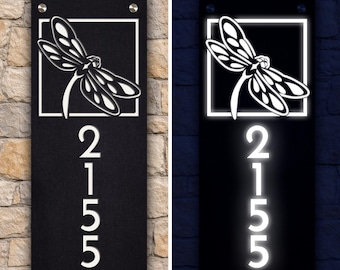Solar Lighted House Numbers, Vertical Dragonfly Address Sign, Custom Porch Plaque