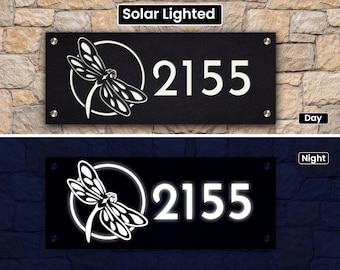 Solar Lighted House Numbers, Custom Dragonfly Address Plaque (Outdoor Wall Sign)
