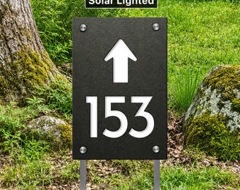 Solar Lighted Address Sign with Arrow, Personalized LED Backlit House Numbers on Stakes, Custom Lawn and Driveway Marker Plaque