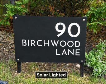 Modern Address Sign with Yard Stakes - Solar Lighted Lawn Sign - House Numbers Post
