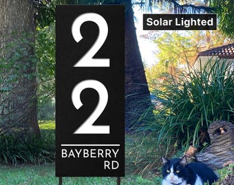 Solar Lighted Address Sign, Modern House Numbers, Lawn or VRBO Sign
