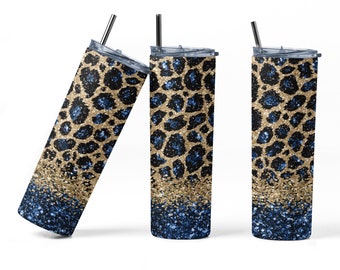 Blauer Leopardenmuster Becher mit Deckel und Strohhalm, lustiges Zitat Becher, 20 Unze Skinny Becher, Best Friend Becher, motivierende Affirmation, Glitter