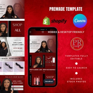 May include: A promotional image for a lash extension business. The design features a smartphone displaying a website layout, product photos, and text. The words "PREMADE TEMPLATE", "Shopify", and "Canva" are also visible. The background is red.