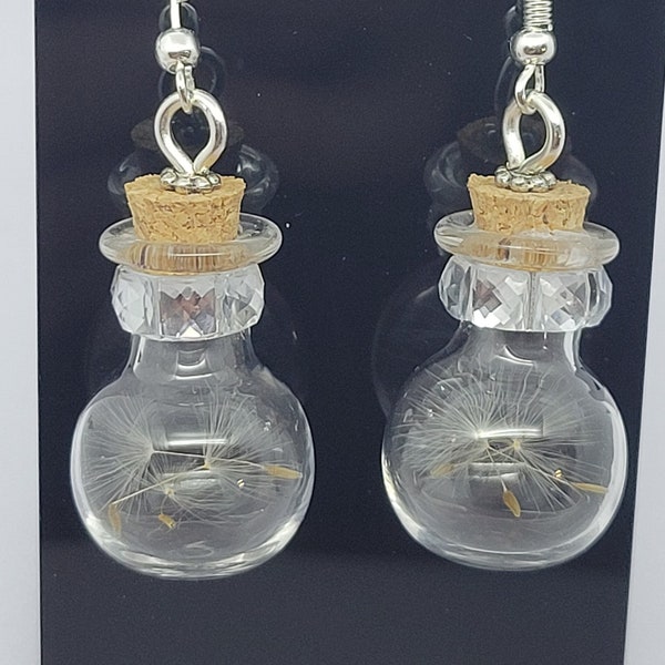 Jeweled Wish Bottle, Dandelion Seed Bottle Charm Earrings, Good Luck Earrings