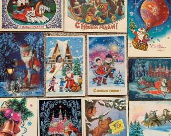 1980s rare Vintage Christmas postcards by Soviet Russian artists. Soviet retro Xmas postcards. Collectible New Year Russian (USSR) postcards