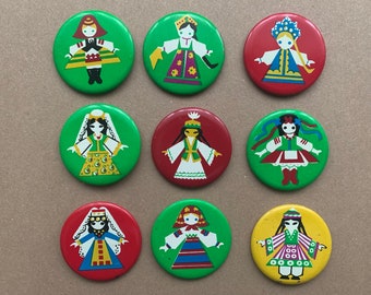 FOLK DRESS Anstecker. Sowjetunion Kleider. Russisch, Estnisch, Ukrainisch, Armenisch, Weißruss, Kasachisch, Tadschikisch, Aserbaidschan. Hergestellt in der UdSSR.