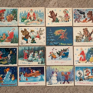 Cartoline artistiche ZARUBIN - Cartoline di Capodanno vintage dell'epoca sovietica - Cartoline di Natale dell'URSS - Arte animale - Fiabe - Cartoline da collezione