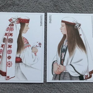 Costumi popolari estoni. Set di 2 cartoline d'arte estone mai utilizzate. Zone TARVASTU e PAISTU. Cartoline d'arte da collezione di Mari Kaarma.