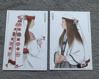 Estonian Folk costumes. Set of 2 unused Estonian art postcards. TARVASTU and PAISTU areas. Collectible art postcards by Mari Kaarma.