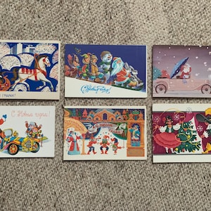 6 cartões postais de arte de Ano Novo da Era Soviética por artistas russos - Papai Noel - Cartões de Natal - Inverno - С Новым Годом - Cartões postais colecionáveis