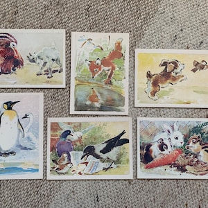 Cartões postais com arte ANIMAL. Conjunto de 6 cartões vintage de 1987 do artista russo soviético L. Gamburger. Cartões postais infantis. Cartões postais colecionáveis.