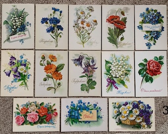 Postales de arte floral Kurtenko - Tarjetas de felicitación florales vintage de la época soviética - Postales de cumpleaños de la URSS - Postales coleccionables