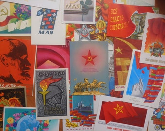 5 zufällige Feiertagsdrucke aus der Sowjetzeit – leere, unbenutzte Postkarten aus den 1980er Jahren – Maifeiertag, Oktobertag, Tag des Sieges. Lenin, Rote Fahne. Jahrgang der UdSSR