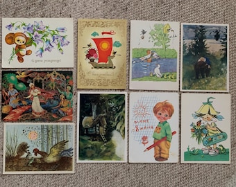 1970er MÄRCHEN Postkarten - Set mit 9 Vintage blanko Postkarten - Verschiedene russische Künstler - Postkarten Set - Bildpostkarten gedruckt in der UdSSR