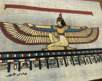 Papyrusmalerei - Ma'at mit ausgebreiteten Flügeln auf einem natürlichen Papyrus - Geschenkidee!