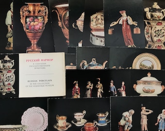 Russisches Porzellanpostkarten-Set mit 16 Antiquitätensammlungen im Eremitage-Museum. Retro-historische Retro-Postkarten aus der Sowjetzeit von 1970, Vintage-Postkarten der UdSSR